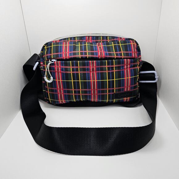 GANNI Seasonal Recycled Tech Festival Crossbody Bag Red/Black Tartan - Picture 1 of 6
